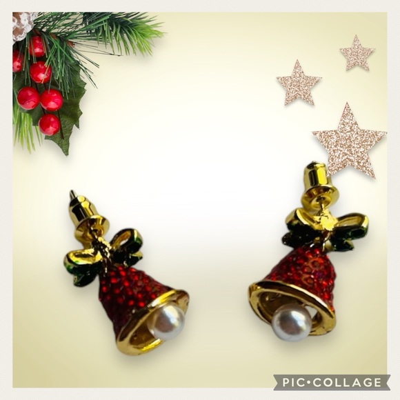 NEW Xmas Red & Green Rhinestone Pearl Bell Post Earrings - Picture 5 of 13